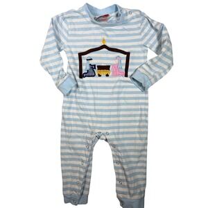 Boutique Embroidered Blue White Striped Nativity Scene Christmas Romper 18M